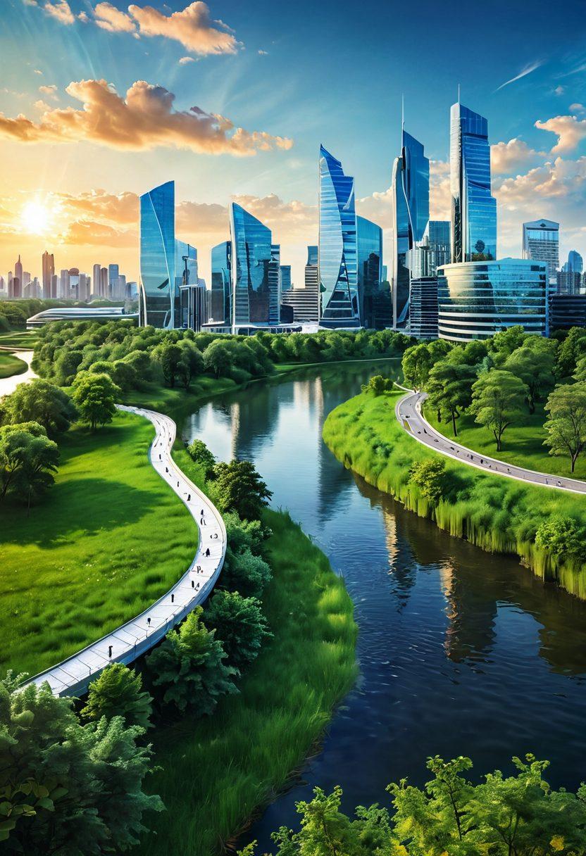 A serene landscape featuring a winding river symbolizing the flow of capital, with modern bank buildings along the banks. Include diverse individuals discussing financial plans, surrounded by lush greenery and bright skies, representing growth and prosperity. Infuse elements like charts and graphs subtly in the background to reflect banking services. super-realistic. vibrant colors. 3D.