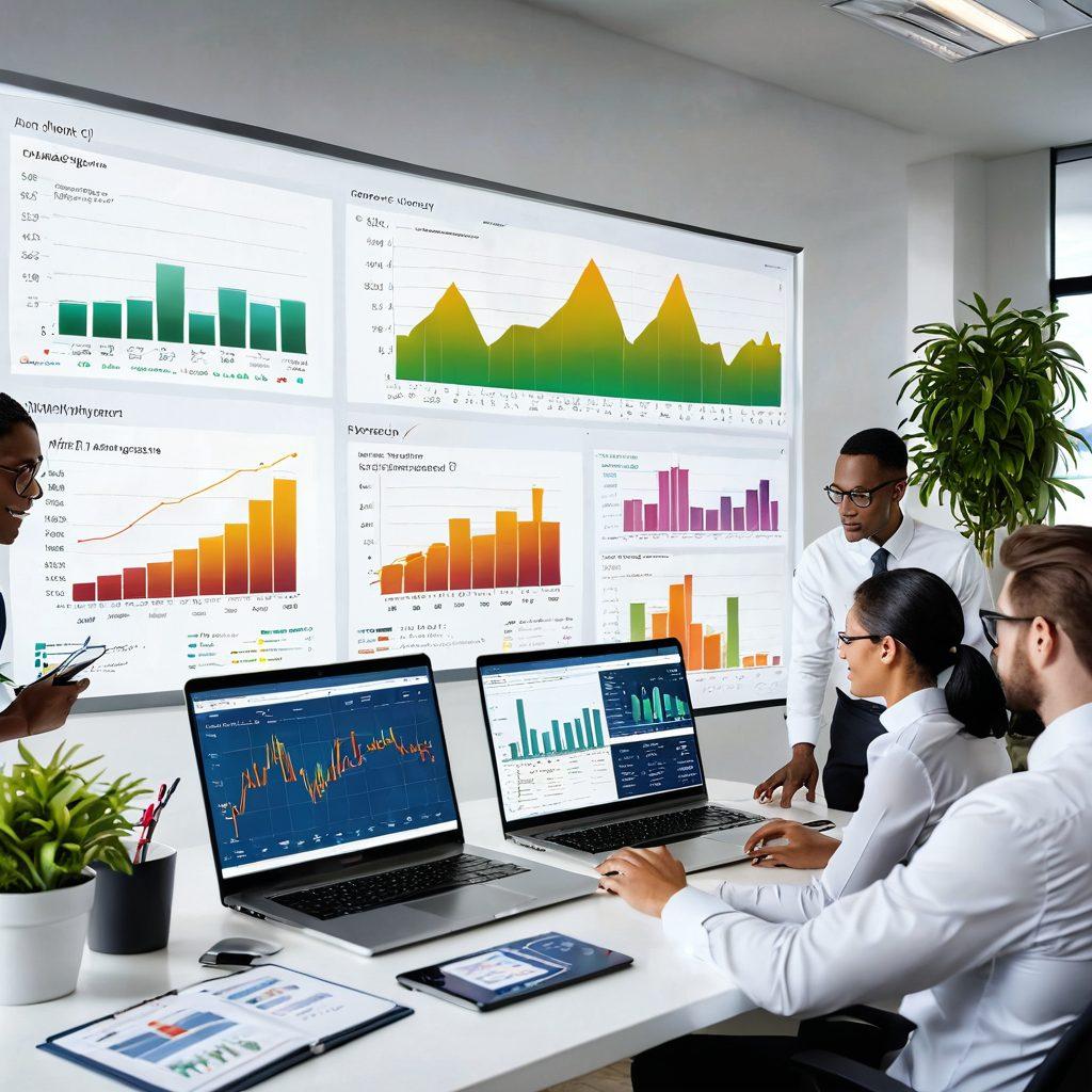 A modern office setting with a diverse group of professionals discussing financial strategies, surrounded by charts and digital interfaces showing loans and savings options. Include a prominent laptop displaying graphs on wealth management, with a subtle plant for a touch of warmth. The atmosphere should convey collaboration and innovation in finance. super-realistic. vibrant colors. white background.