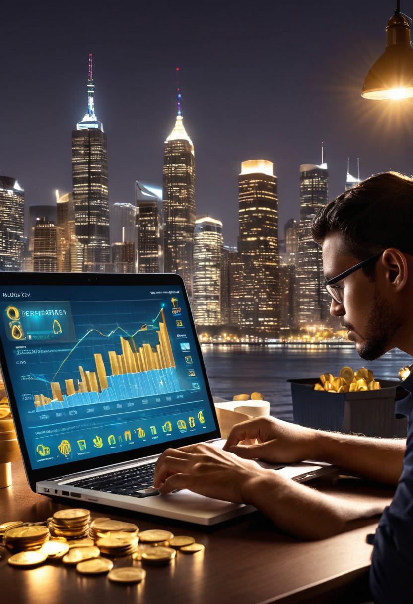 A person sitting at a desk analyzing charts and graphs on a laptop, surrounded by stacks of gold coins and a glowing light bulb symbolizing ideas. In the background, a city skyline reflects wealth and financial growth. Elements of digital banking icons are subtly integrated into the scene, enhancing the theme of financial success. super-realistic. vibrant colors.